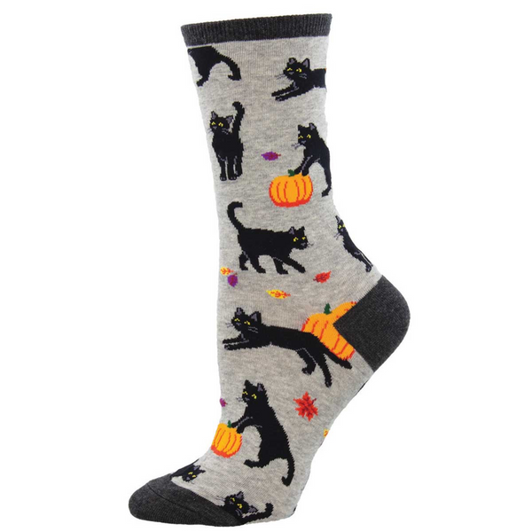 OOS-8/15_Women's Black Cat Halloween Crew (Light Gray Heather)