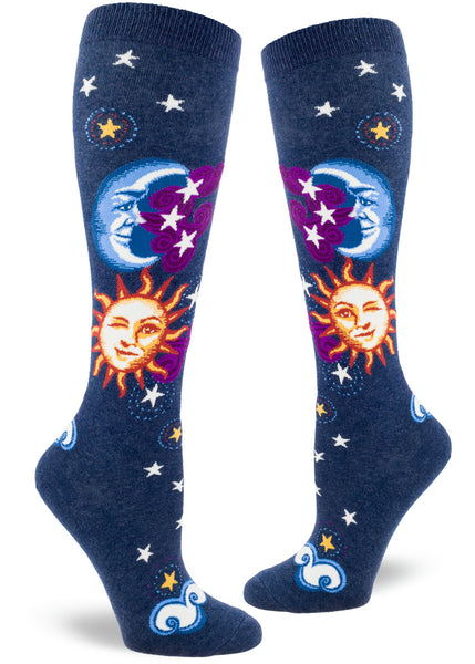 Women's Celestial Sun & Moon Knee High (Heather Navy)