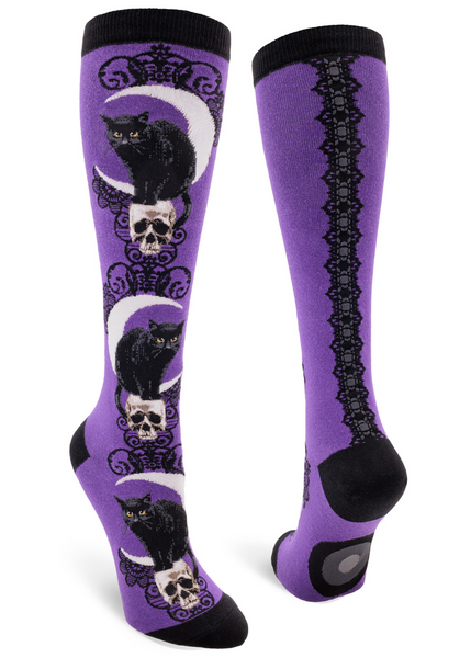 Women's Black Cat Moon Knee High (Purple)