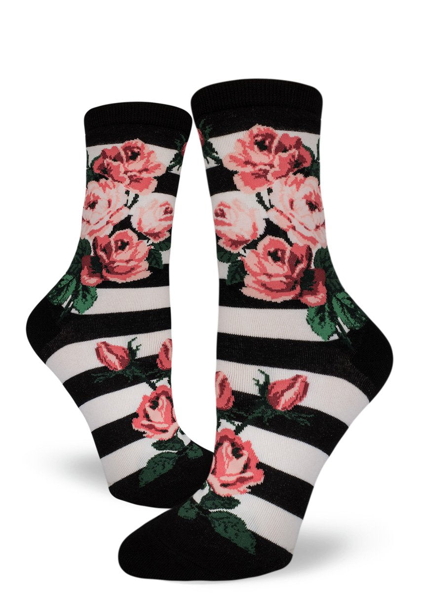 Women's Romantic Rose Crew Socks (Black & White Stripe)