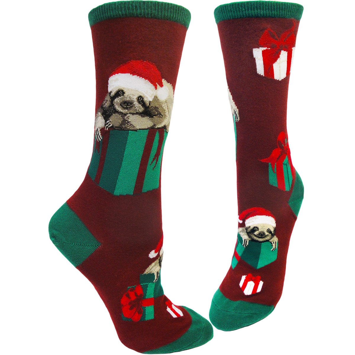 Women's Santa Sloth Crew Socks (Crimson)