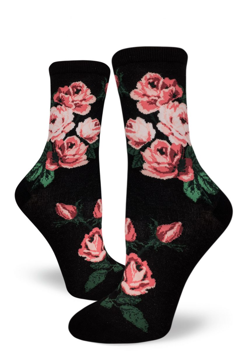 Women's Romantic Rose Crew Socks (Black)